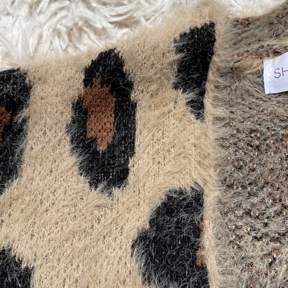 Wanna B Leopard Eyelash Open Cardigan 💗 Tan Brown & Black - Picture 11 of 13